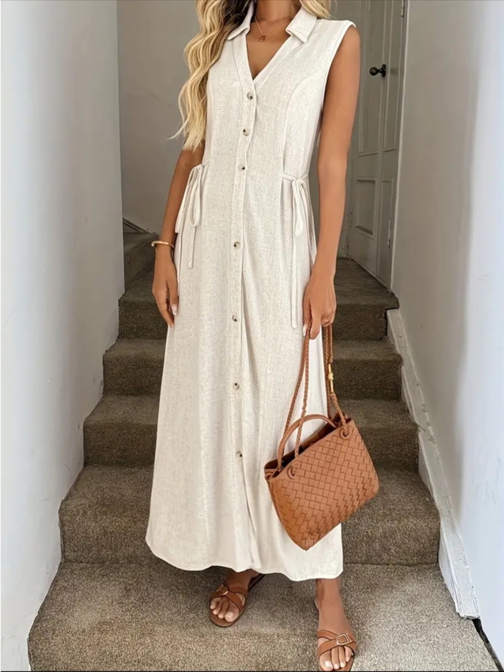 NWT. Linen Sleeveless Button-Front Cream Maxi Dress